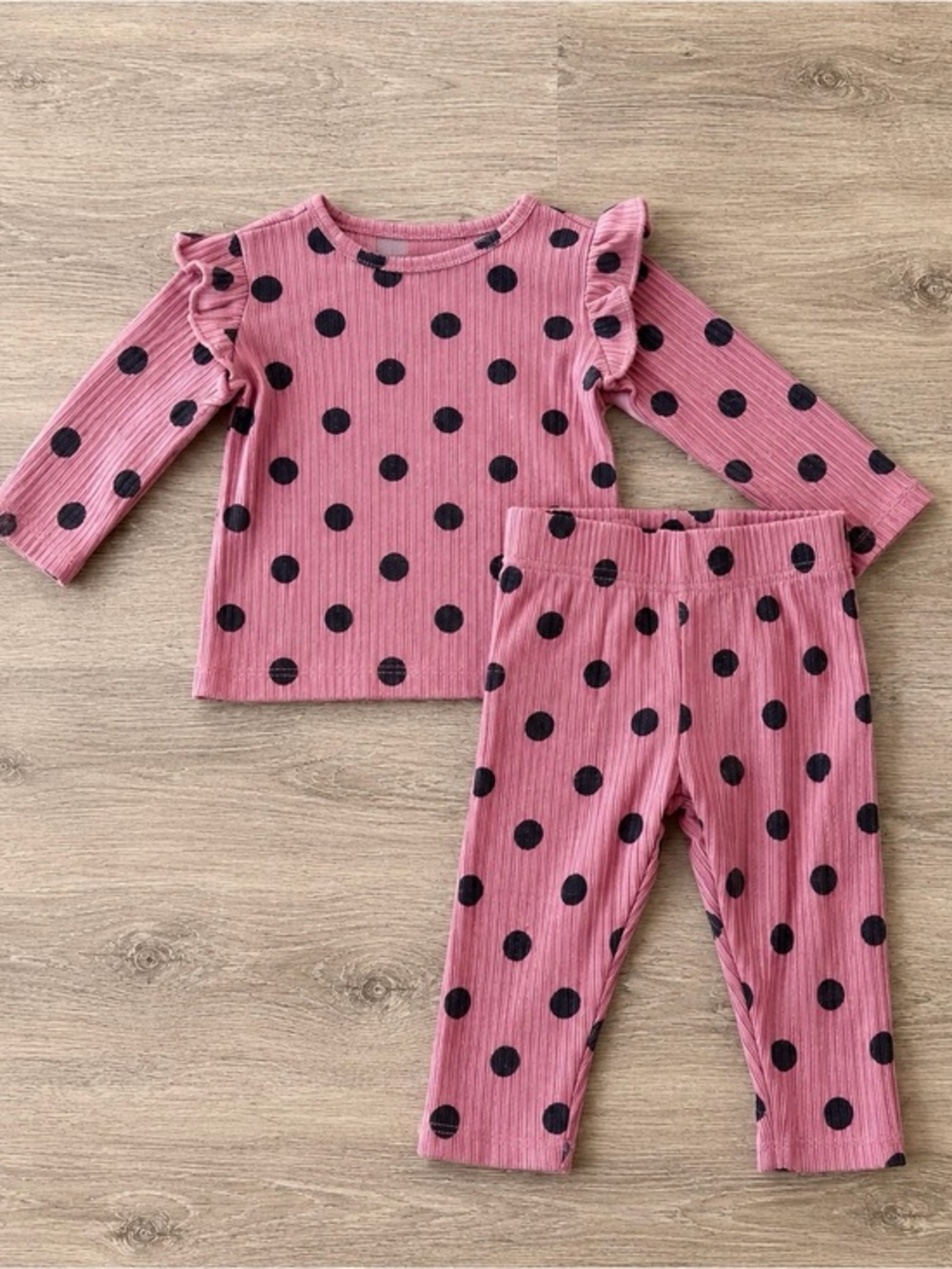 Baby Gap Pink Black Polka Dot Ribbed Matching Set 12-18M Outfit